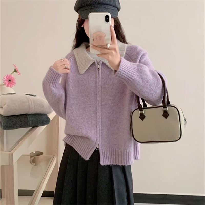 レディース ニット カーディガン 秋冬 配色 ポロカラー ダブルジッパー ゆったり リラックススタイル 暖か コットン混 長袖 トップス レイヤード コーデ