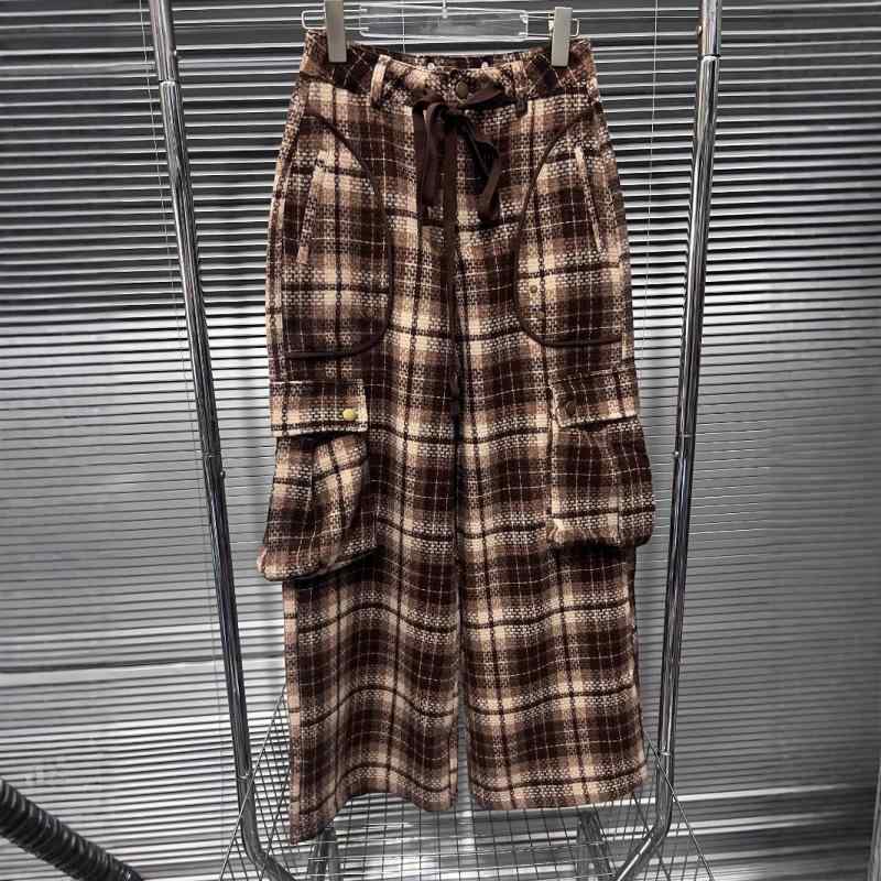 女性用 冬 ワイドパンツ レトロ チェック柄 ワークスタイル ゆったり ストレート ルーズフィット モカブラウン カジュアル ボトムス 通勤 普段使い 暖か素材