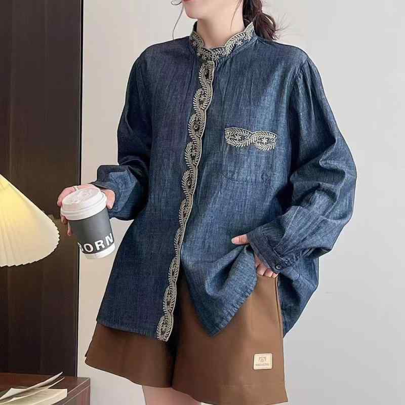 レディース デニムシャツ 長袖 レトロ 刺繍 ゆったり シルエット 大きめ サイズ 薄手 アウター カジュアル スタイル コットン 混 紡 素材 通勤 普段使い トップス 切り替え デザイン