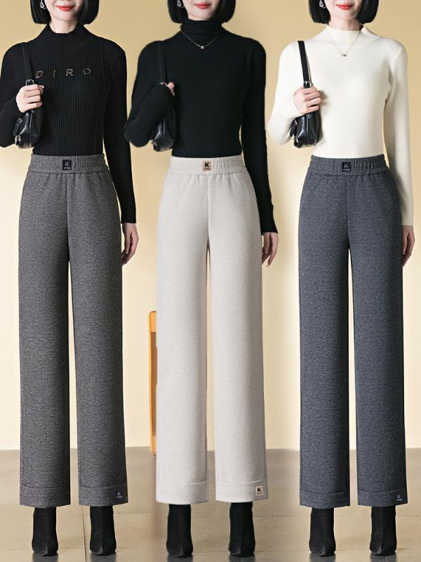 レディース ハイウエスト ウール ストレートパンツ 厚手 ストレッチ 秋冬 9分丈 小柄対応 ママ用 普段使い 暖か素材 ゆったりシルエット