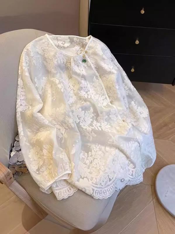 レディース ブラウス モダン中国風 高級感 エレガント 若々しい レトロ 斜めボタン 提花柄 シフォン 軽やか 通気性 春夏 トップス カジュアル 普段使い フェミニン｜NN3beauty