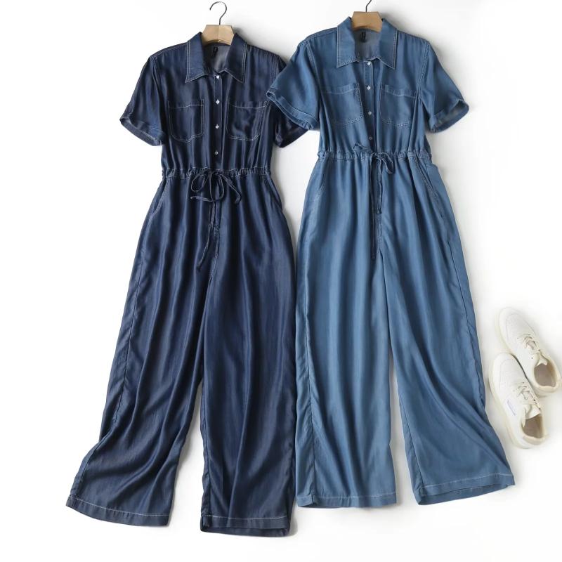 レディース 夏用 ワイドレッグ つなぎパンツ ドレープ感 デニム 紐付き カジュアル スリム効果 スタイルアップ ロング丈 軽量 伸縮性 通勤 普段使い アウトドア