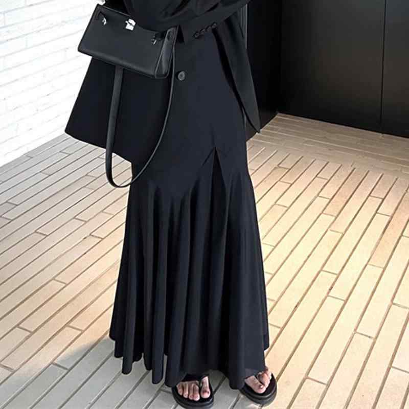 ロングスカート レディース 秋冬 プリーツ フィッシュテール 構造感 ブラック 膝下丈 女性用 伸縮性 軽量