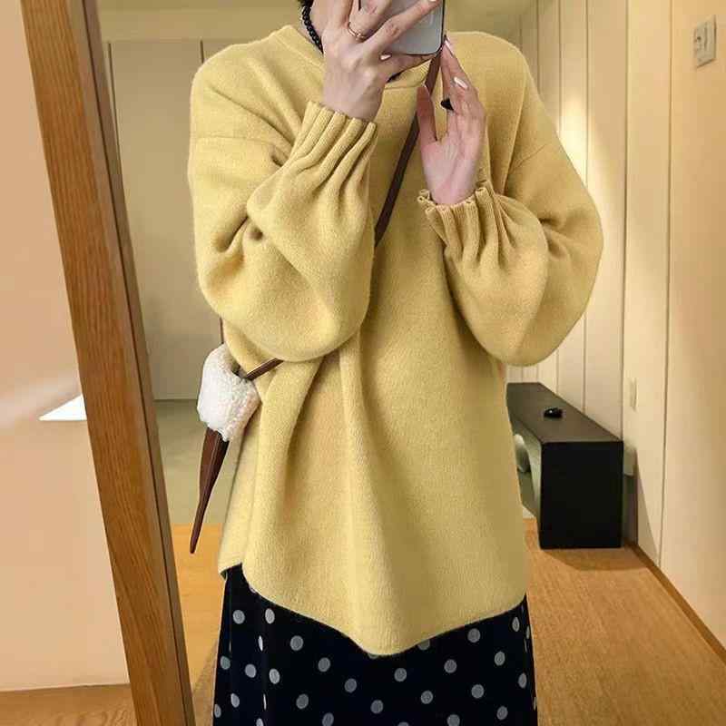 レディース ニットセーター ビッグサイズ ラウンドネック 袖口プリーツ ゆったりシルエット 高級感 柔らか素材 無地 カジュアル 日常使い 伸縮性 トップス