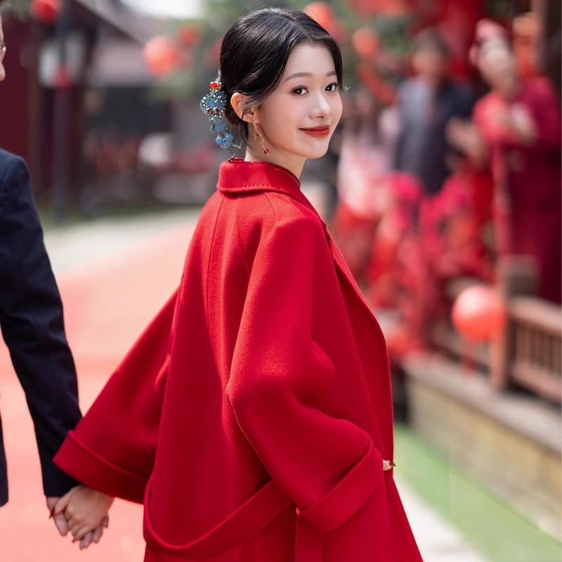 コート レディース 結婚式用 赤 ロング 水波紋柄 ウール 両面羊毛 秋冬 高級感 ブライダル 新婦 エレガント フォーマル アウター