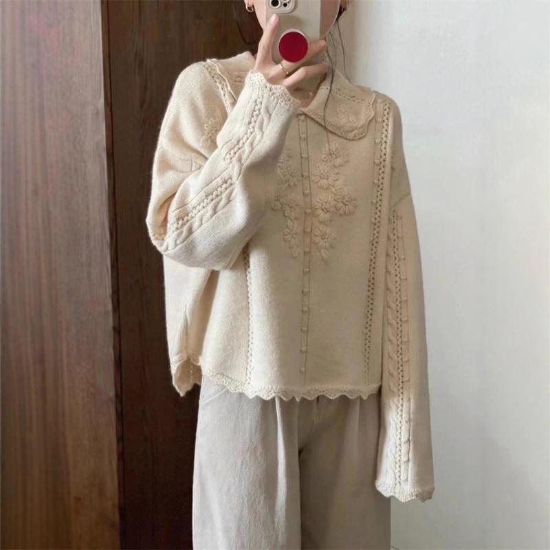 編み物スウェーター レディース 濫りがわしい 秋冬 レトロ お人形さん色つや 立体花主題 フラウンス もの柔らか ニットトップス 女子らしい ホンブルグ帽原材料 愛想のいい影ぼうし