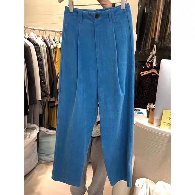 パンツ レディース ハイウエスト ストレート ワイドレッグ 秋冬 コーデュロイ ゆったり スリム効果 ブルー カジュアル 普段使い ベーシック ルーズフィット