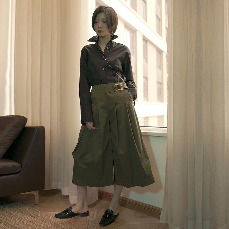 レディース ワイドレッグパンツ ハイウエスト 7分丈 メタルバックル カジュアル クールスタイル ゆったりシルエット 日常使い ボトムス ユニセックス