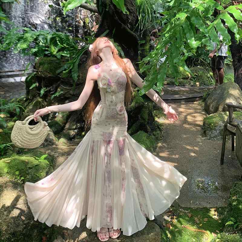 レディース ロングドレス 夏 花柄 マーメイドシルエット ストラップ フレンチスタイル ボディコンシャス スリム エレガント フィット ノースリーブ ロマンチック 女性用 膝下丈 軽量 通勤 デート 普段使い｜NN3beauty