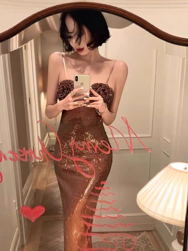 レディース マーメイド ロングドレス レトロ フラワー デコレーション セクシー スリムシルエット カーキ シークイン 光沢 イブニング ストラップ パーティー用 フォーマル 女性用｜NN3beauty