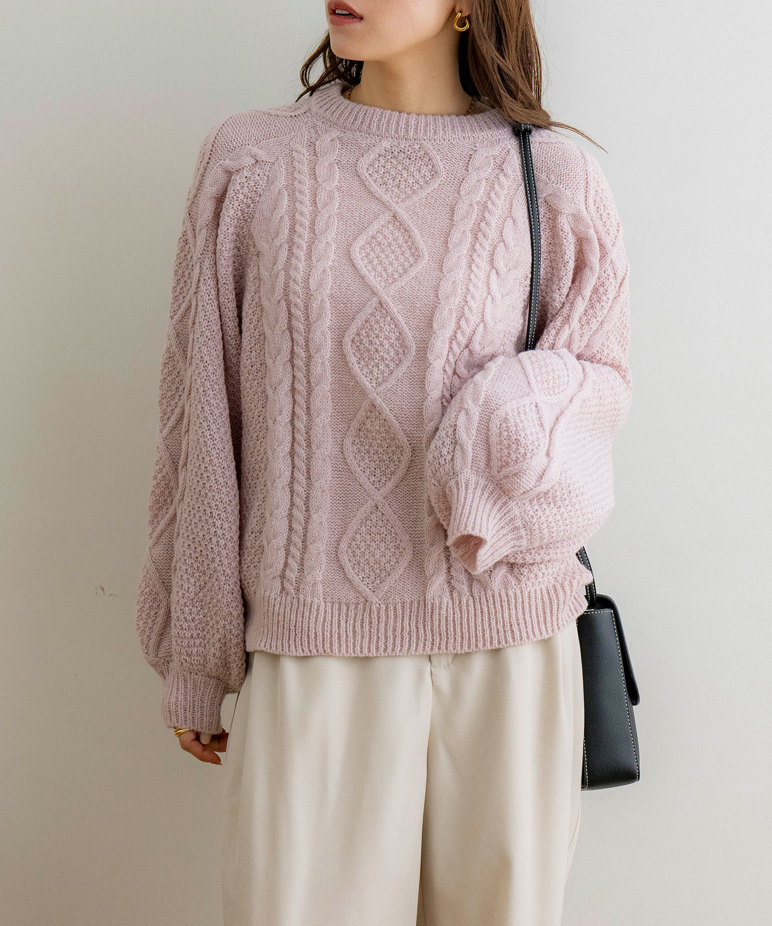 PARTY♢リボンケーブルニットbeige ニット セーター ケーブル編み袖リボンニットトップス