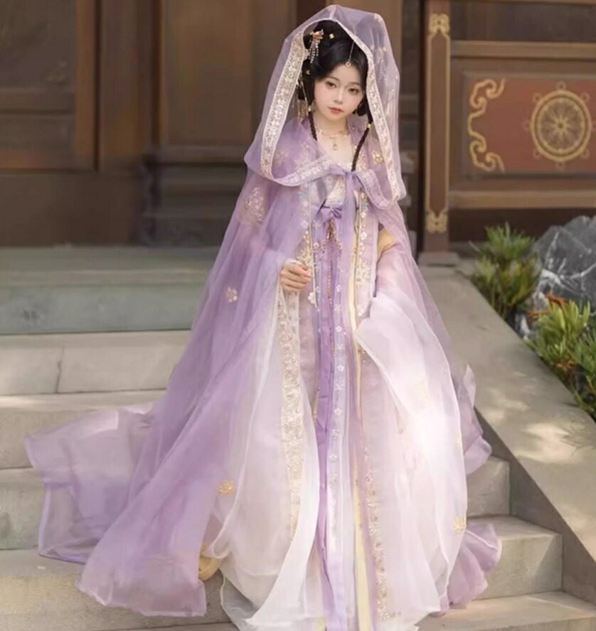 中華衣装 5点セット お姫様 華やか 漢服 中華コスプレ衣装 中国古代服装 皇后 貴妃 お姫様 唐朝 宮廷 仮装 変装 繊細な刺繍 キラキラ フード付きマント 振袖羽織 仙女 神様 中華服 漢服 シフォン 飄逸 ひらひら 中華古典漢服 舞台 ステージ衣装 撮影衣装 紫 ピンク 黄|ノアロ 店