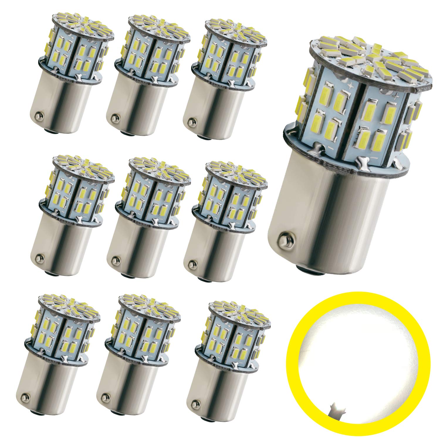 10個入り 高輝度 S25 シングル球 LED（P21W 1156 S25 G18 BA15S）ピン角180度 バックランプ 3014SMD 50連 ホワイト 6000K 12V-24V兼用