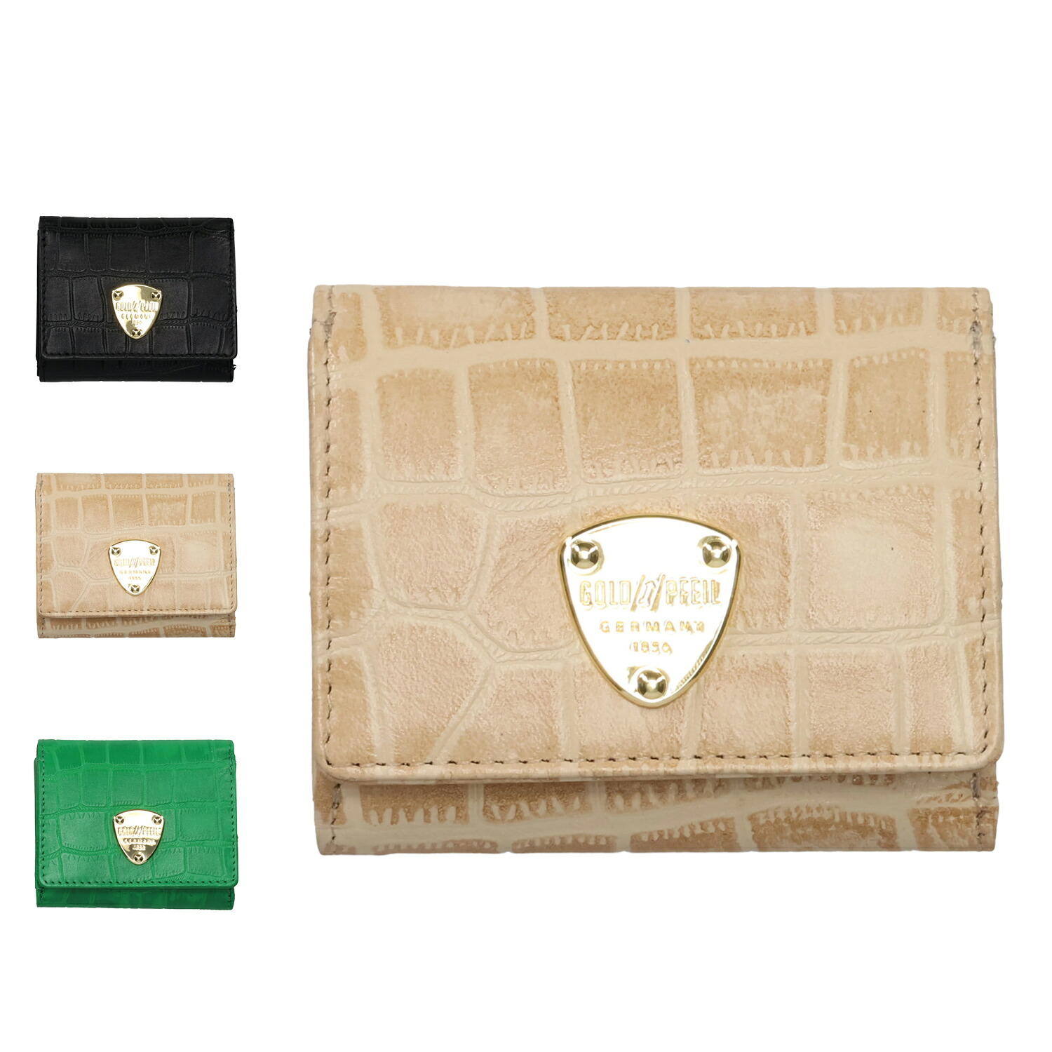 GOLD PFEIL herrlich ゴールドファイル 財布 ミニ財布 レディース ヘルリヒ コンパクト クロコ型押し 本革 ブラック 黒 ベージュ グリーン GP51410 母の日