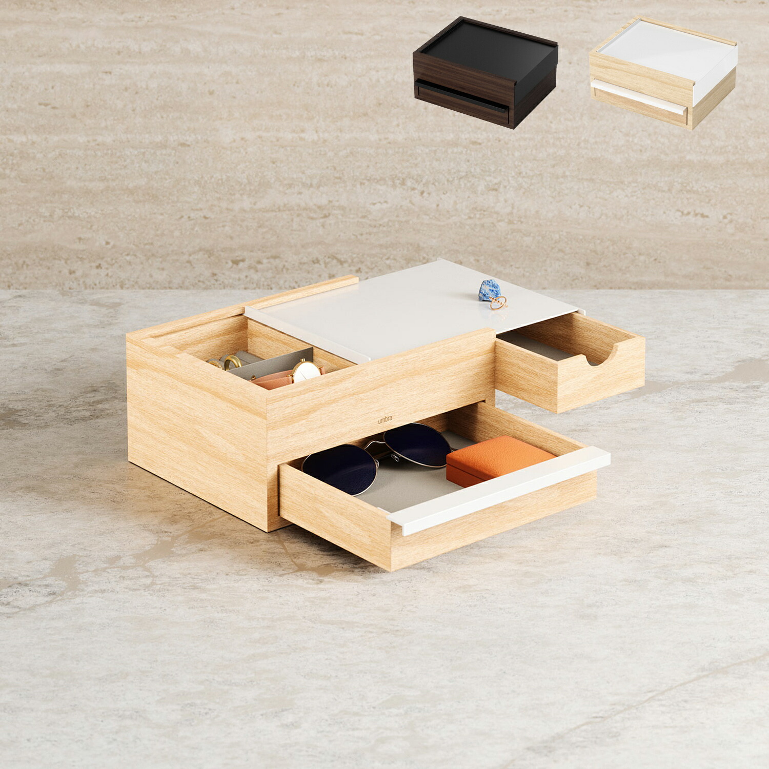 【最大1000円OFFクーポン】 umbra STOWIT BOX アンブラ ジュエリーボックス ジュエリーケース ジュエリートレイ アクセサリーケース 引き出し 収納 小物入れ ストウイット スライド式 2層 木製 ブラック ブラウン ホワイト ナチュラル 黒 白｜ALLSPORTS