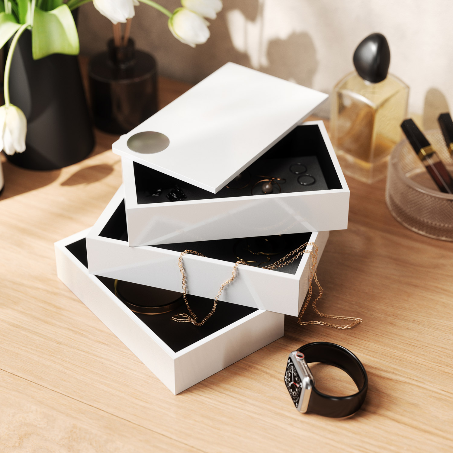 umbra SPINDLE BOX アンブラ ジュエリーボックス ジュエリーケース ジュエリートレイ アクセサリーケース 収納 小物入れ スピンドル スライド式 3段 木製 ホワイト 白 2308712 母の日