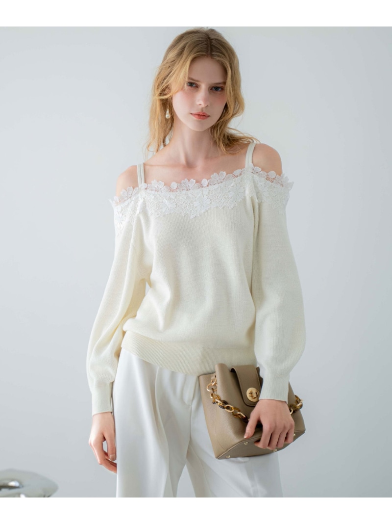 【SALE／40%OFF】オフショルレーストリムニット Noela ノ内鰓 トップス 編み物 薄墨色 サクラ色 白いこと【RBA_E】【貨物輸送無料】[ Fashion]