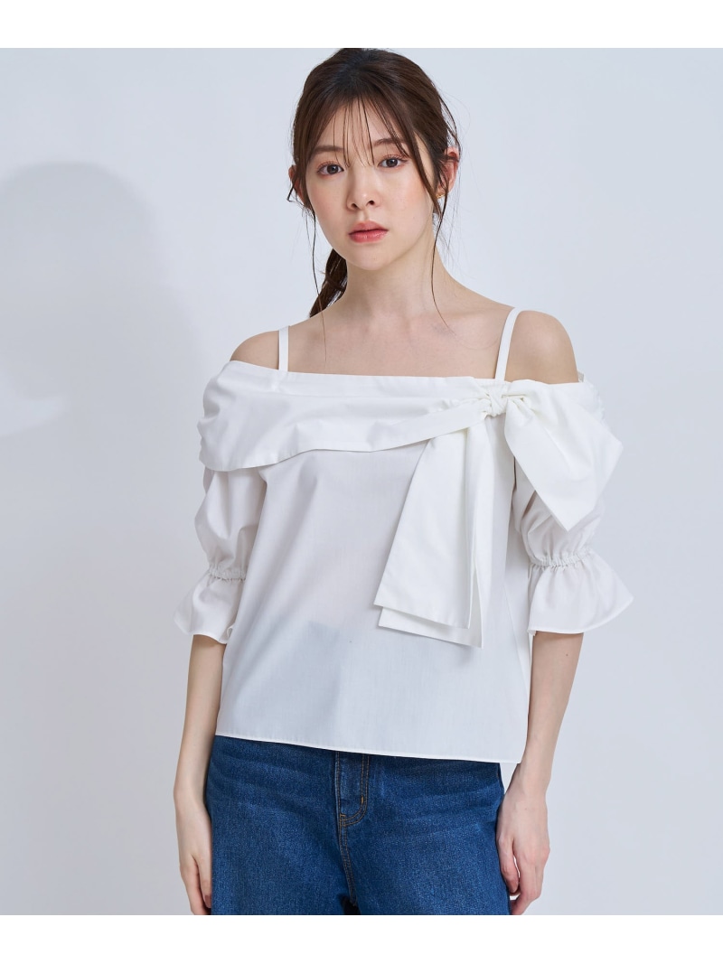 オフショルリボンブラウス Noela ノエラ トップス シャツ・ブラウス ホワイト ネイビー ブルー【送料無料】[ Fashion]