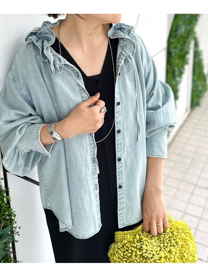 【RM denim】フリルギャザーデニムブラウス Rie Miller ノーリーズ トップス シャツ・ブラウス ネイビー ブルー【先行予約】*【送料無料】[ Fashion]