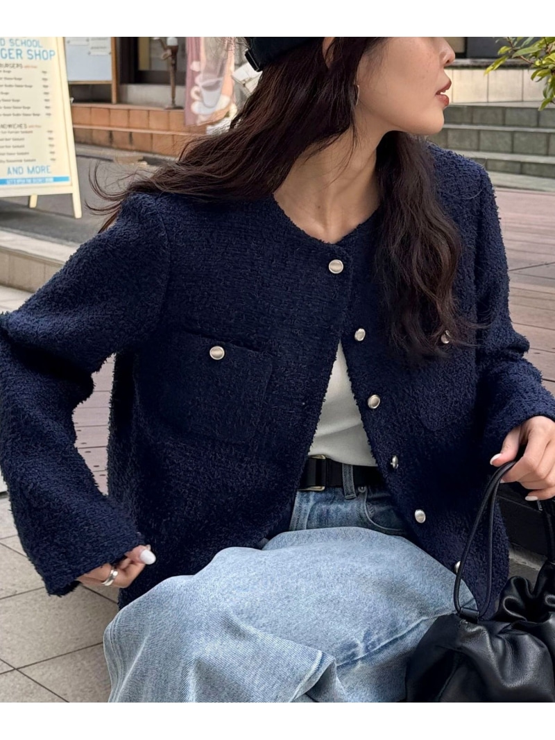 【SALE／40%OFF】ノーカラーツィードジャケット fredy emue フレディ アンド 奇怪千万はやりっ児 ジャケット・アウター 否色合い上衣 黄み 白いこと 米国海軍【RBA_E】【貨物輸送無料】[ Fashion] レディースファッション-コート・ジャケット