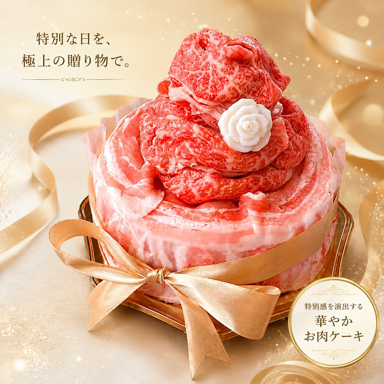 ＼インパクト大★／バースデーケーキ 豚増量 ギフト 選べるリボン色 サプライズ 肉ケーキ 誕生日 お返し 記念日 結婚記念日 お取り寄せ ケーキ SNS 合格 プレゼント お祝い 福井 若狭牛 メッセージ パーティー イベント 豪華 ハッピーバースデー おめでとう 内祝｜ミートショップNOMURA