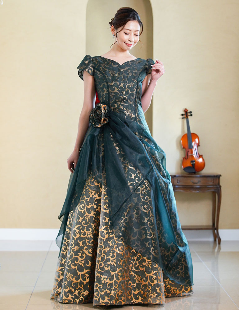 楽天市場 演奏会用ドレス 演奏会 ロングドレス 演奏会用ロングドレス ゴールド 模様 2way ドレス 袖あり 袖付き 発表会 大人 ピアノ ステージ衣装 大きいサイズ 大人 黒 レッド ブルー カラードレス 日本製 Op3624 演奏会衣装製作 ノンプレステージ