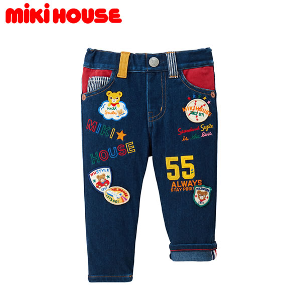 【26周年有りがたさ大売り出し50％OFF 二分の一】ミキハウス MIKIHOUSE 刺しゅうと紋章のジーンズズボン下【長ズボン】 キッズ  お坊っちゃん お嬢さん アウトレットセール 【プッチー】