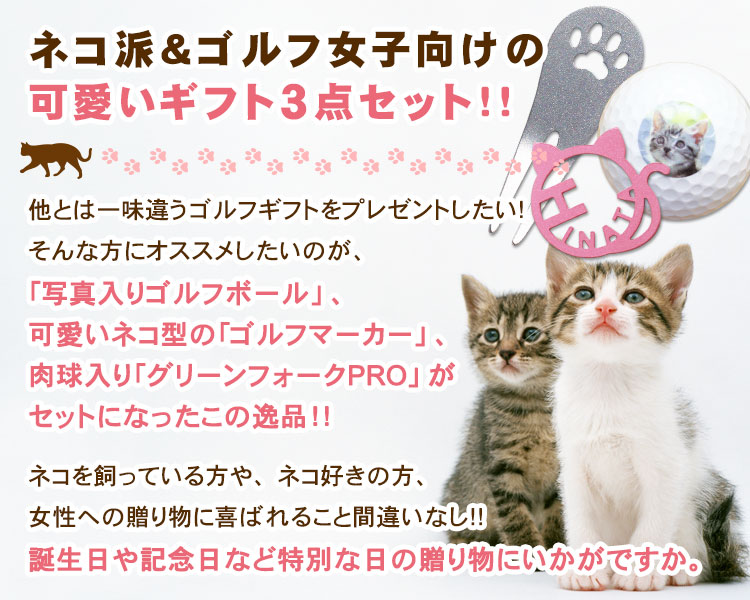 猫セット ゴルフボール 写真入り３個 ステンレス グリーンフォーク Pro 肉球デザイン 1個 モチーフ 写真入り 切り文字 ゴルフマーカー ニャンたん 1個 ギフト3点セット 名入れ 愛猫 猫派 ネコ モチーフ 名入れ フォーク マーカー 贈り物 プレゼント 退職祝