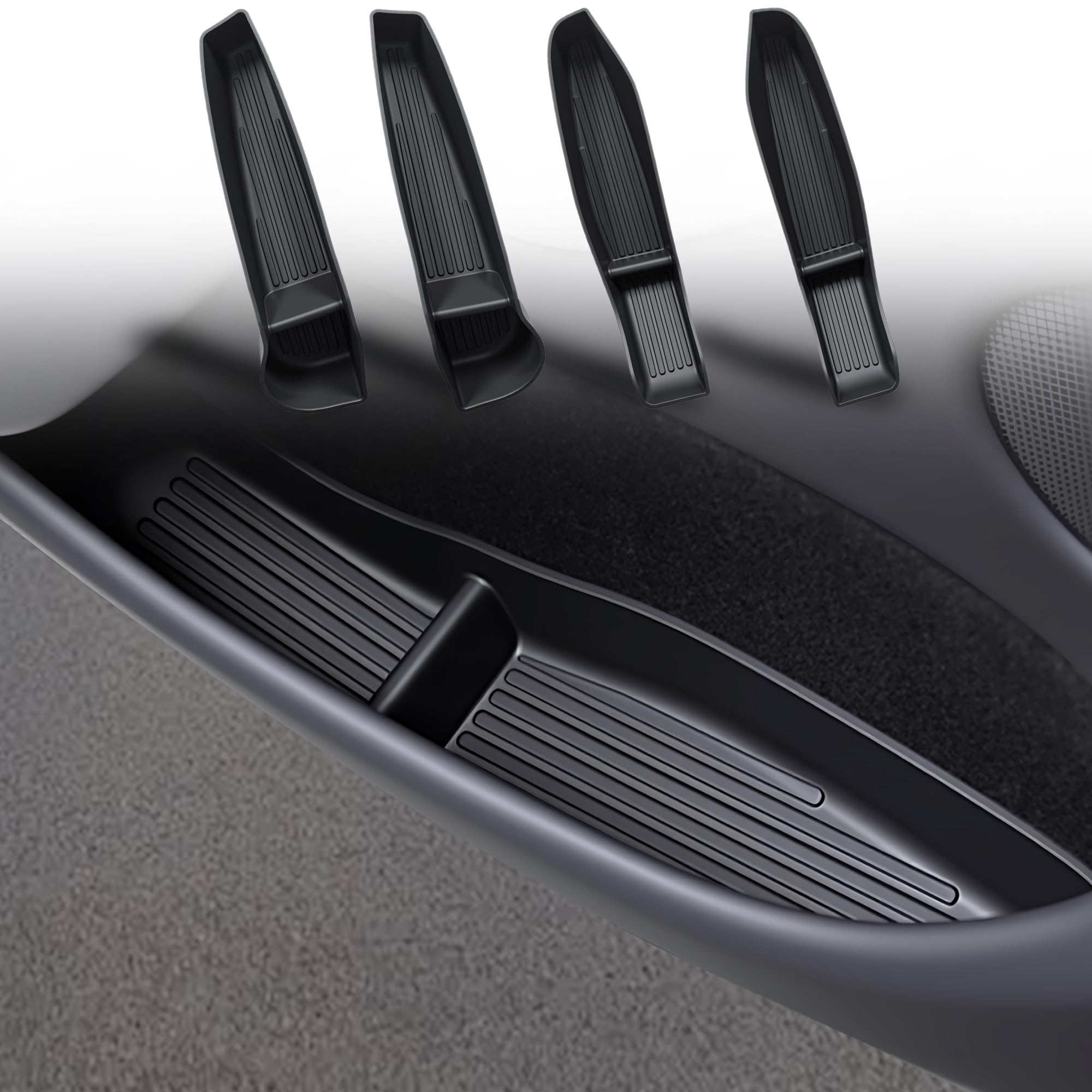 ドアサイド収納ボックス Tesla Model Y Juniper 2025 2026 ローンチシリーズアクセサリー用 フロント&リアドアオーガナイザートレイ、防水TPEスロットポケットライナープロテクター4個