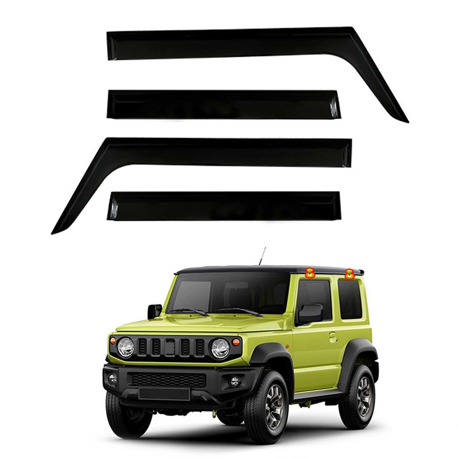 車種専用設計専用 サイドバイザー ジムニー JB64/JB74W型 2019～現行 3ドアバージョンに適用ドアウィンドウバイザー 車用ウィンドウディフレクター テープオン式 ベントシェード 泥除け 日よけ 雨除け カスタムパーツ 外装アクセサリー 超耐久性 簡単に取り付け 4枚セット