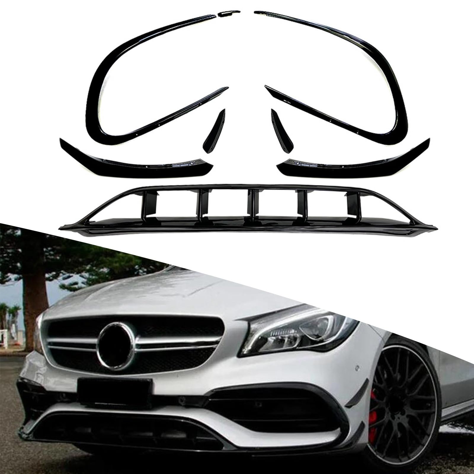 ブラック フロントバンパー スポイラー カナード スプリッター フィン エアベント カバートリム ベンツ CLA クラス W117 C117 CLA200 CLA220 2016-2019に対応 (スポーツバージョンのみ)|NonRecord 店