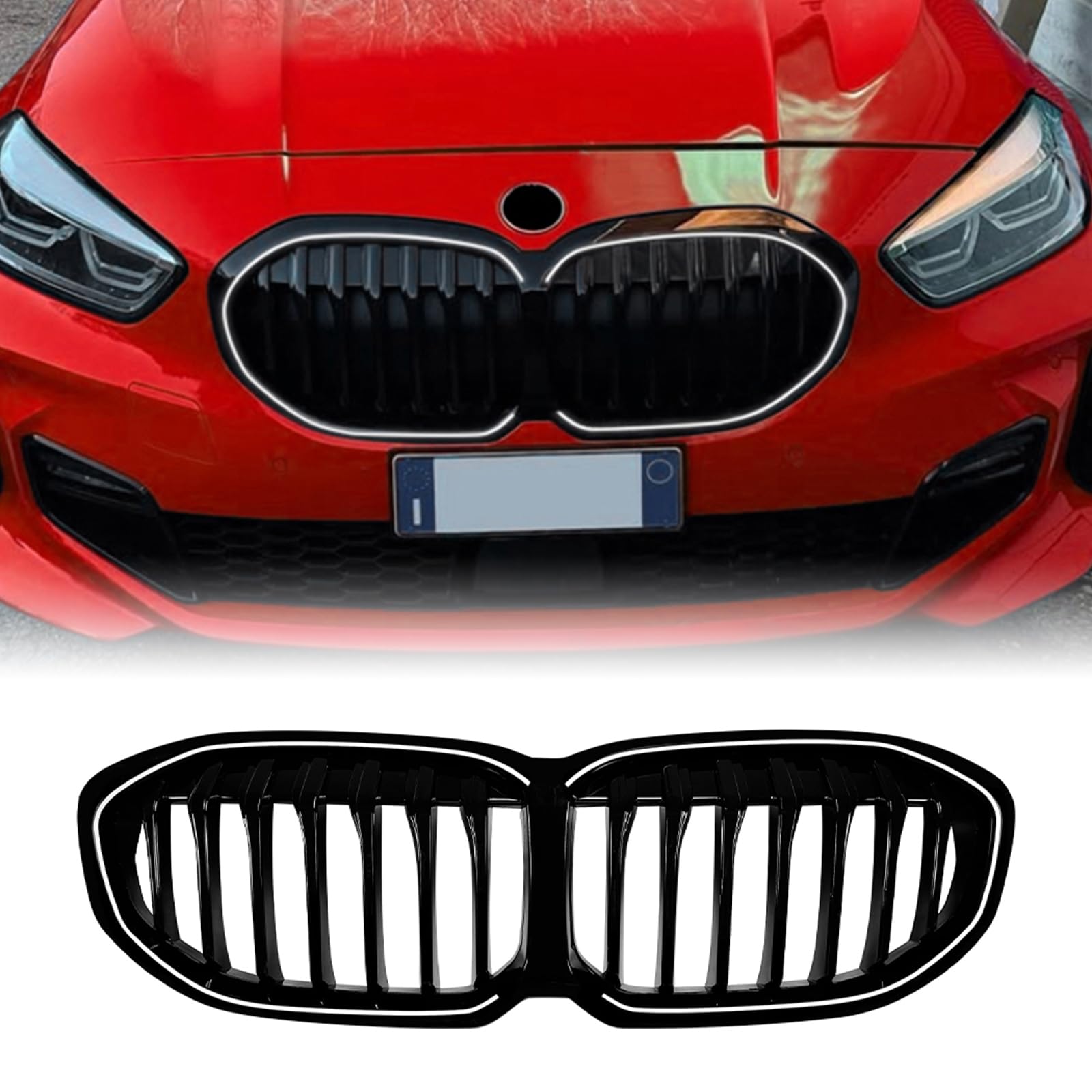 BMW 1シリーズ F40 2019-2024用ライト付きカーフロントキドニーグリル ブラック