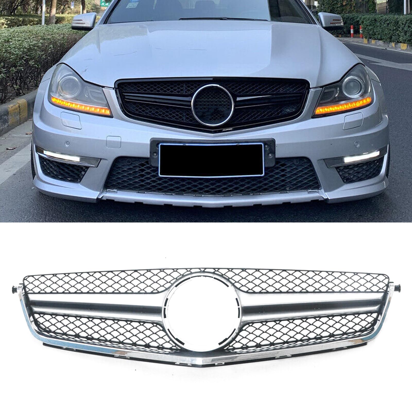 メルセデスベンツC63 AMG 2012 2013-2014用シルバーブラックフロントバンパーグリルハニカム。｜NonRecord 店