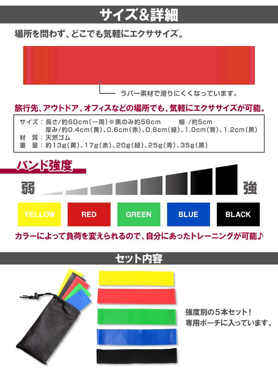 楽天市場 メール便送料無料 即納 エクササイズバンド ループバンド トレーニング チューブ 強度別5本セット 筋トレ ヨガ ストレッチ ポーズ サポート ピラティス ホットヨガ フィットネス ストレッチ トレーニング エクササイズ ノップノップ楽天市場店