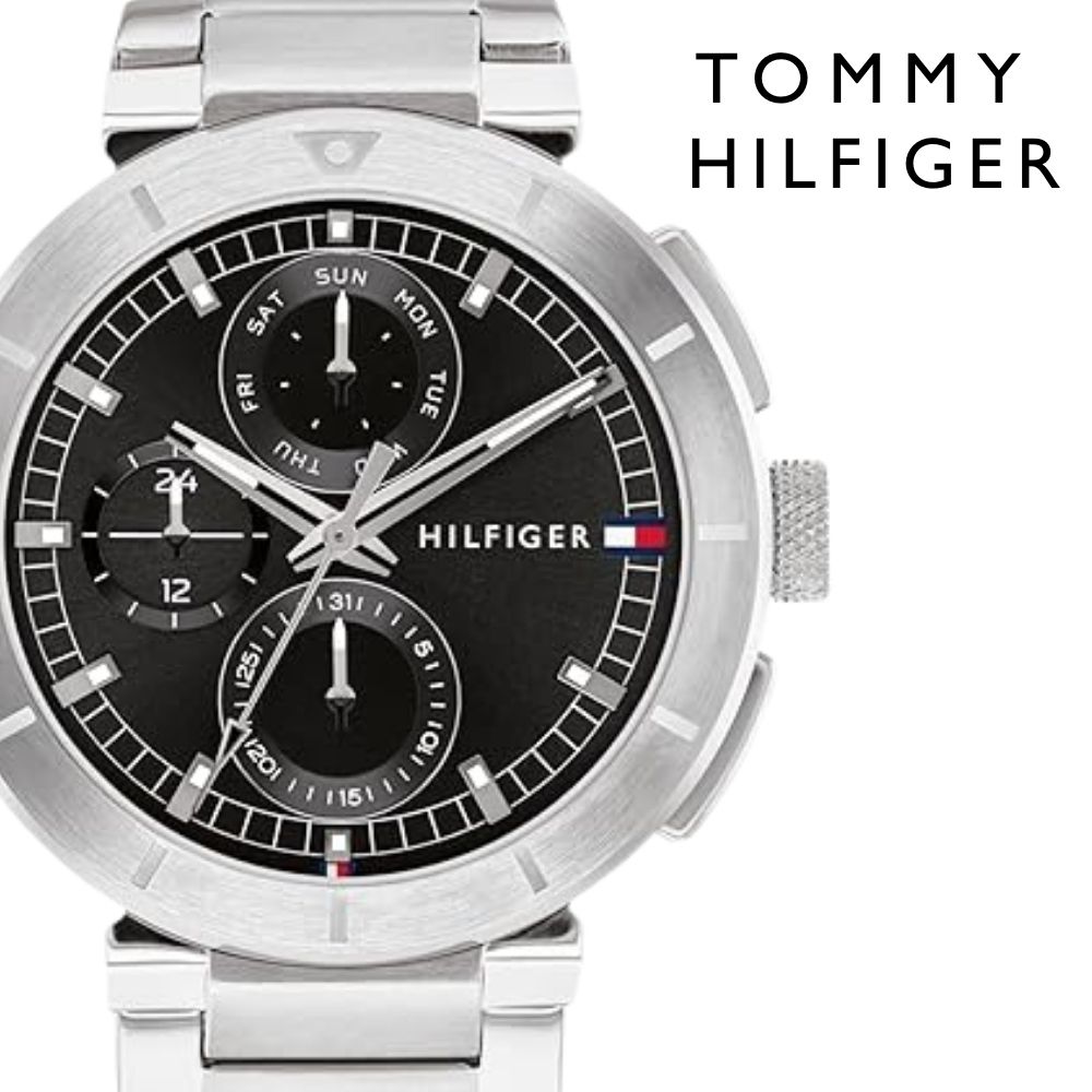 トミーヒルフィガー 腕時計 メンズ ステンレス シンプル ビジネス ブラック シルバー マルチファンクション 44mm TOMMY HILFIGER 彼氏 夫 父 男性 プレゼント 成人 卒業 入学