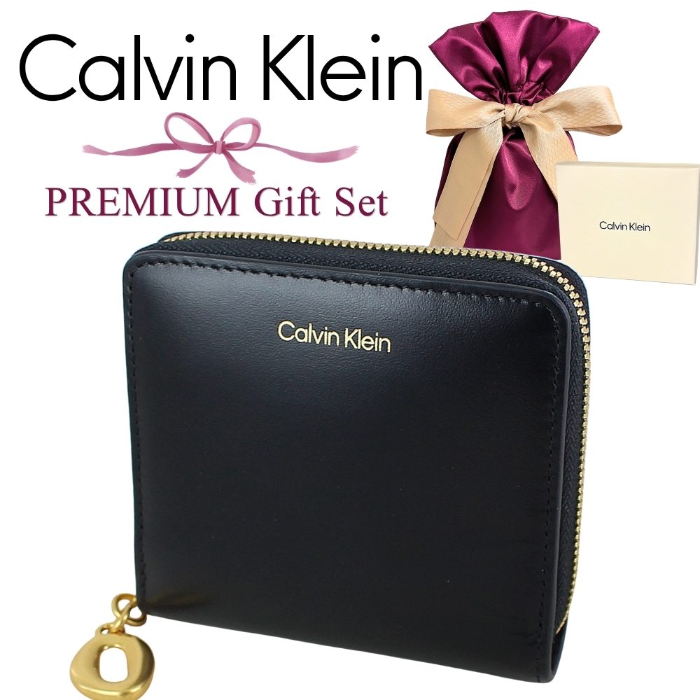 ラッピング済 ギフトセット カルバンクライン 財布 レディース 二つ折り財布 Calvin Klein 純正ショッパー付き 本革 レザー RFID スキミング防止 小銭入れあり ラウンドファスナー ブラック ゴールド コンパクト財布 ミニ財布 ブランド プレゼント 成人 卒業 入学|ペアウォッチ 腕時計 ノップル