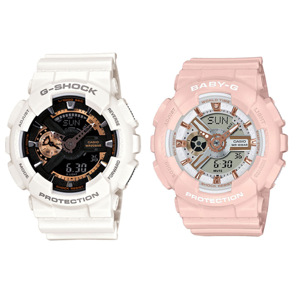 CASIO カシオ Gショック ベビーG 腕時計 手表 ペアウォッチ デジタル＆アナログ アナデジ ホワイト パステルピンク 20気圧防水/10気圧防水 海外モデル GA-110RG-7ABA-110XRG-4A 男女 カップル ペアセット 誕生日 ギフト お洒落 成人 卒業 入学