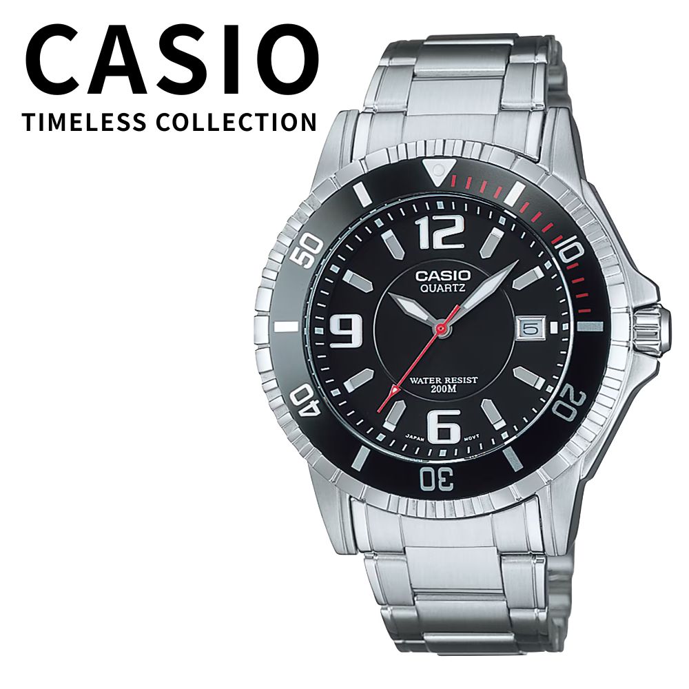 CASIO メンズ 腕時計 200m防水 ダイバーズデザイン ブラック シルバー ステンレスベルト カシオ スタンダード 海外モデル 誕生日 男性 プレゼント ギフト 成人 卒業 入学｜ペアウォッチ 腕時計 ノップル
