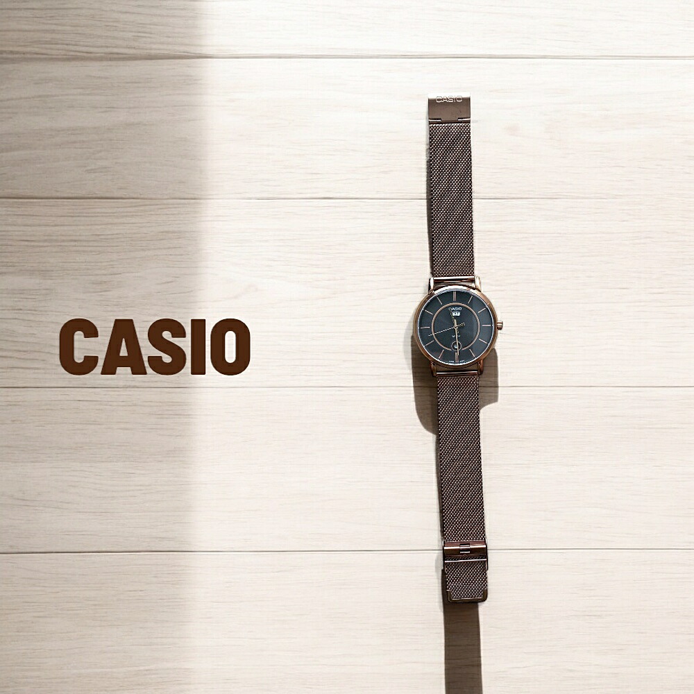 日本未発売 カシオ CASIO 腕時計 メンズ 収納ケース付き シンプル メッシュベルト ローズゴールド グレー 日付 防水 ビジネス カジュアル プレゼント ギフト 時計 男性 誕生日 記念日 成人 卒業 入学