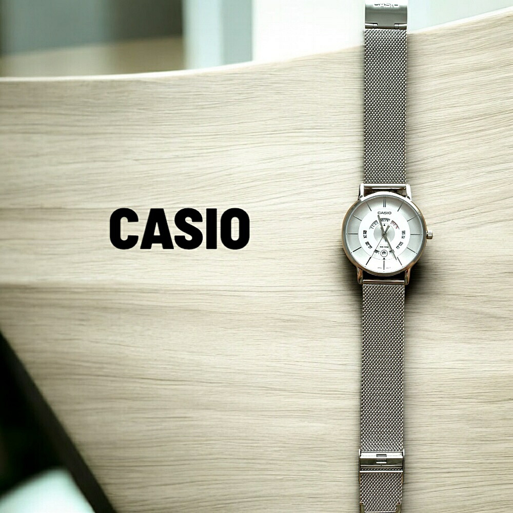 日本未発売 カシオ CASIO 腕時計 メンズ ユニセックス 収納ケース付き シンプル メッシュベルト シルバー 防水 デイデイト ビジネス カジュアル プレゼント ギフト 時計 男性 誕生日 記念日 成人 卒業 入学