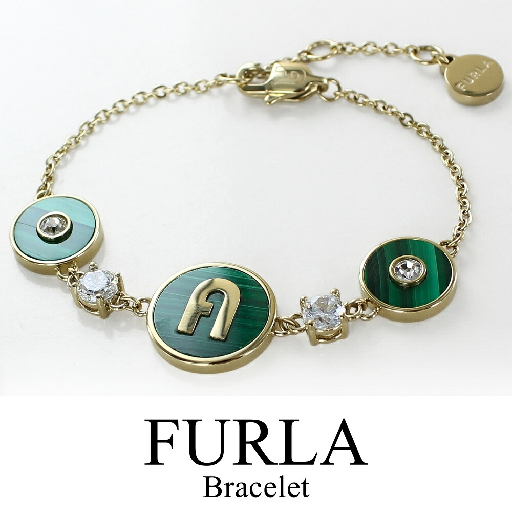 FURLA フルラ ブレスレット レディース ゴールド グリーン マラカイト調 ジルコニア ロゴモチーフ 上品 おしゃれ ブランド アクセサリー プレゼント ギフト 成人 卒業 入学