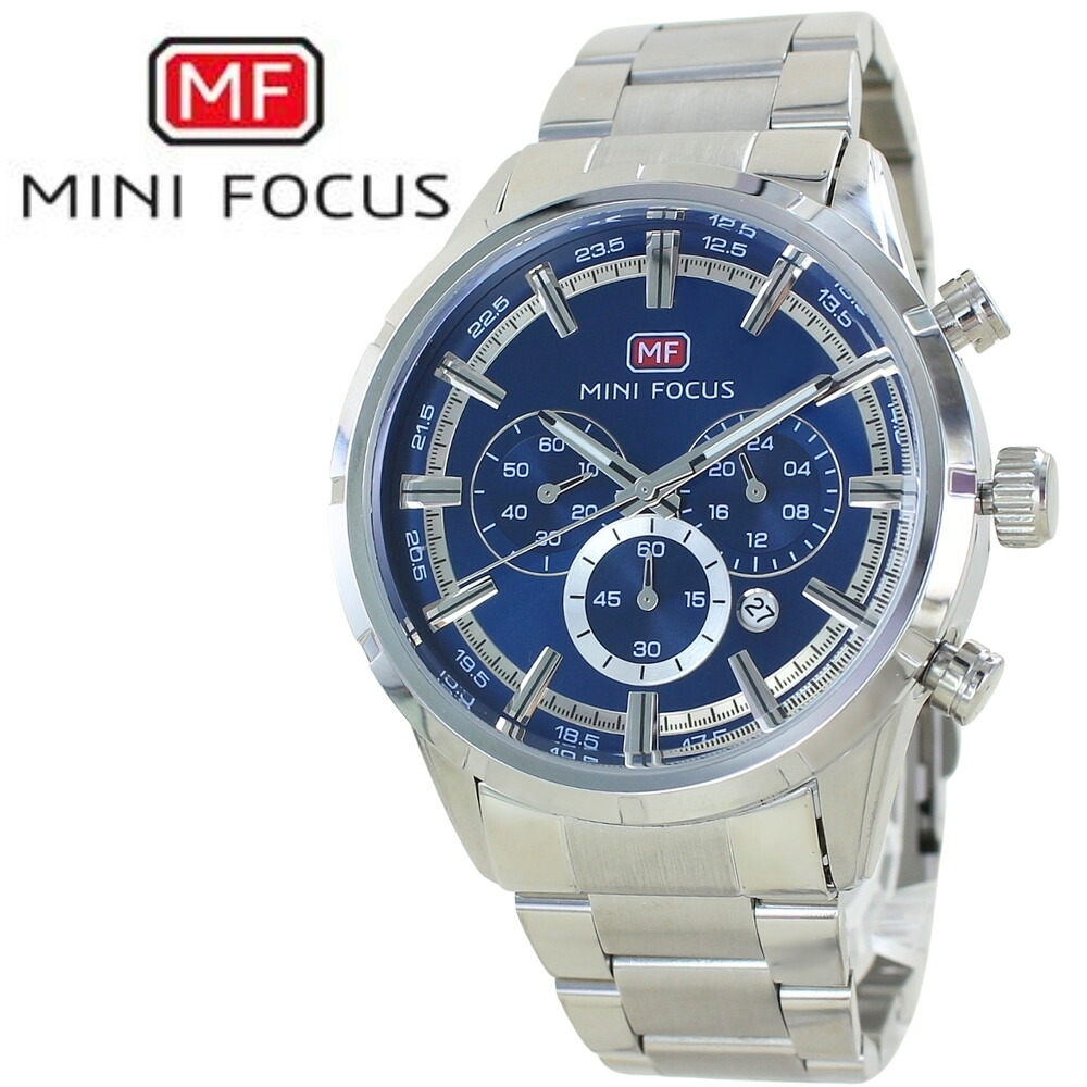 正規品 MINI FOCUS メンズ腕時計 クロノグラフ クォーツ 日付表示 ステンレスバンド かっこいい 腕時計 手表 メンズ 父の日 シルバー ネイビーブルー 高級感 おしゃれ ビジネス カジュアル 誕生日 プレゼント 男性 旦那 彼氏 ギフト 就職祝い 成人 卒業 入学