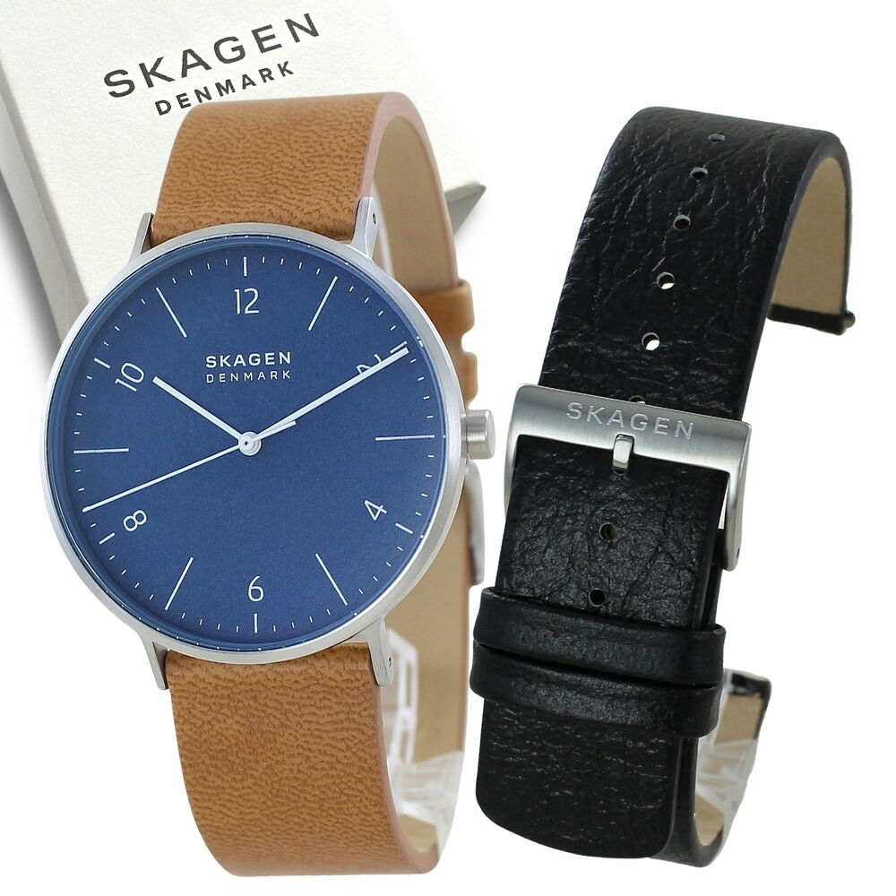 スカーゲン SKAGEN メンズ腕時計 替えベルト付き ネイビー ブラウン ブラック レザーベルト 北欧 シンプル プレゼント ギフト 成人 卒業 入学|ペアウォッチ 腕時計 ノップル