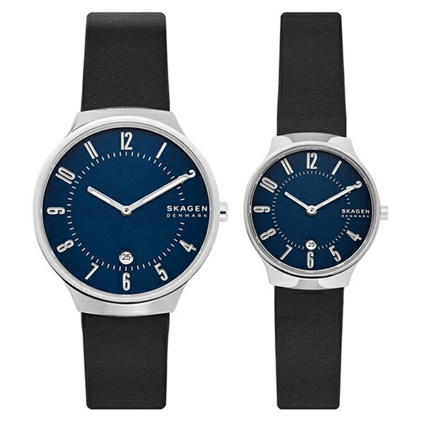 売れ筋 記念日 結婚祝い サプライズ ペアウォッチ 腕時計 スカーゲン メンズ レディース ネイビー ブラック 黒いベルト レザー カレンダー 日付 海外最新 Faan Gov Ng
