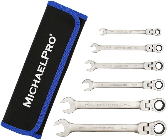フレックスラチェットヘッドコンビネーションレンチセット 7本セット 8,10,12,13,14,17,19mm ラチェットスパナ レンチセット フレキシブル180度オープンエンドラチェットヘッド ロールポケット付き マイケルプロ MP001239 工具 整備用品 メンテナンス 修理 MichaelPro