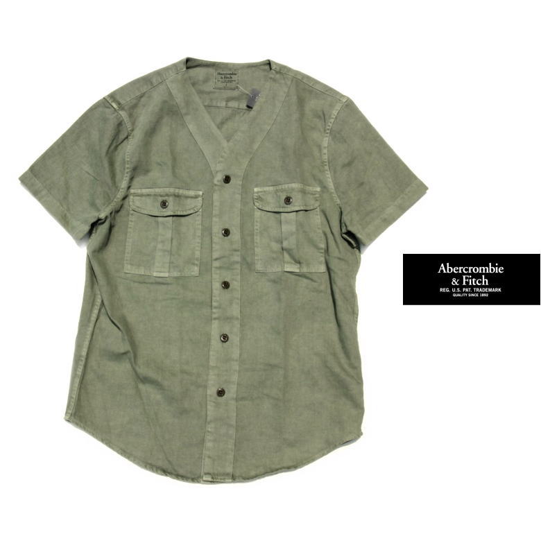 Abercrombie＆Fitch アバクロ ミリタリープルオーバー OLIVE カーキ 野球プルオーバー 半袖プルオーバー 難民キャンプ アウトドアに ソロキャン 表現スタイル