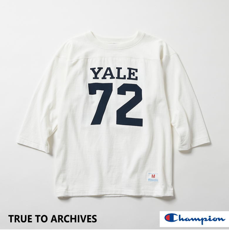 Champion (はやりっ児) 3/4衣袂蹴球ティーシャツ WHITE 白いこと YALE イェール分科大学 オフィシャルコラボTRUE TO ARCIVES  共同研究 日本製 7分TEE C3-R413