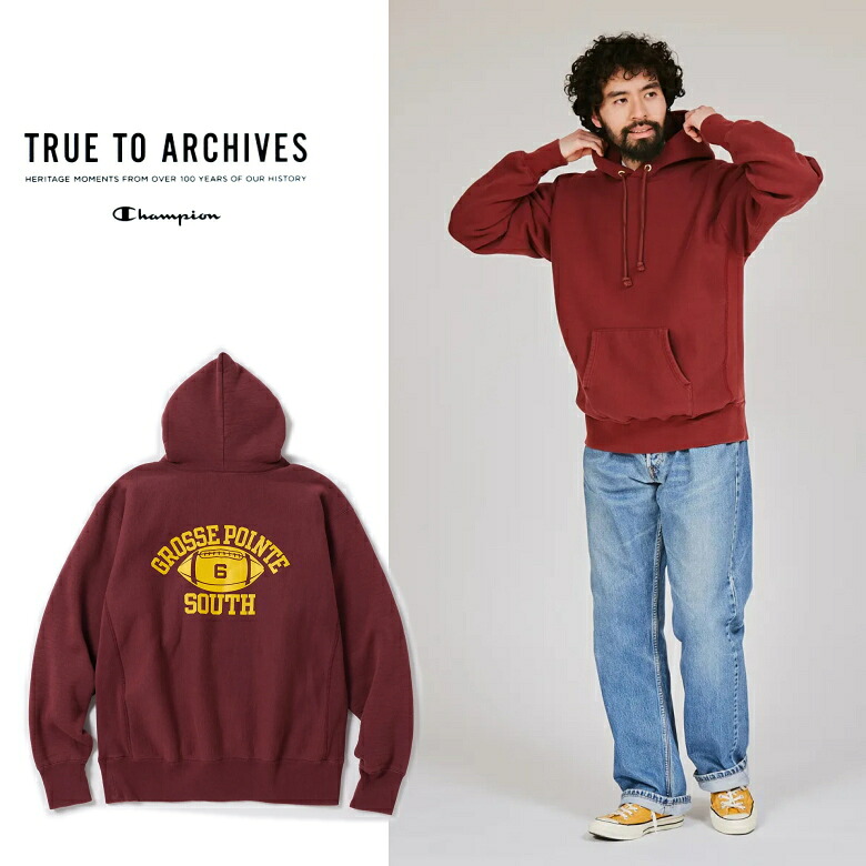 25FW TRUE TO ARCHIVES リバースウィーブ(R) クルーネックスウェットシャツ チャンピオン(C3-C135) バックデザイン スウェットパーカー　フードパーカー champion マルーン MARON プルオーバー　パーカー　スウェットパーカー