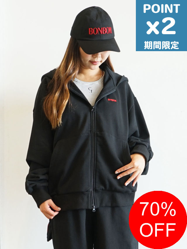 【SALE】継続期間制限事項P2倍【BONBOM / ボンボム】 赤いことロゴタイプ ジップアップパーカー  -  BLACK