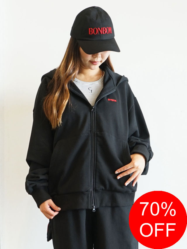 【SALE】【BONBOM / ボンボム】 レッドロゴ ジップアップパーカー - BLACK